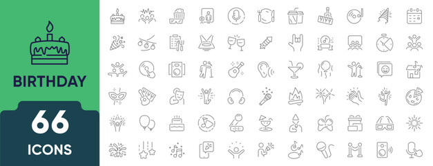 Birthday line icon set. Includes 66 outline icons related to celebration, cake, party, balloons, gifts, and decorations. Linear icon collection. Editable stroke.