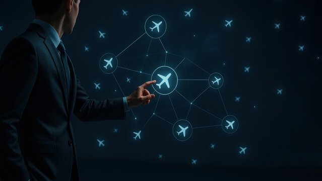 A digital globe with planes leaving light trails, representing global destinations with a sleek, minimal design, air traffic management, air transport, air rush