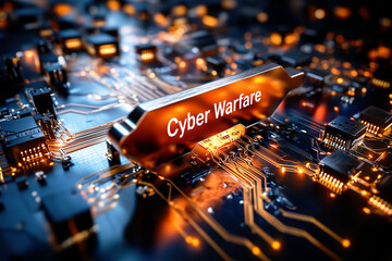 A conceptual image of cyber warfare with text on a glowing component of a futuristic computer circuit board.