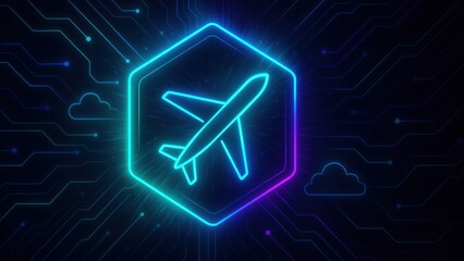A sleek airplane icon with neon circuit lines on a dark background, showing an air traffic management, air transport, and air rush