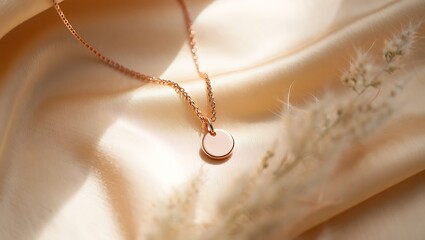 Elegant rose gold circular pendant necklace resting on luxurious draped champagne silk fabric