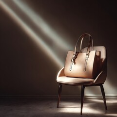 Elegant tan leather handbag on a chair isolated on white background