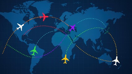 A global map with airplane icons and flight paths on a blue background, Dynamic, futuristic look, Air Traffic Management, Air transport, Air rush