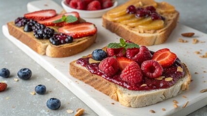 Gourmet Open Faced Peanut Butter and Raspberry Sandwich with Toast Slices Featuring Colorful Fruit and Jam Fillings Under Soft Studio Lighting