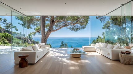 Fototapeta premium Coastal living room with expansive ocean views.
