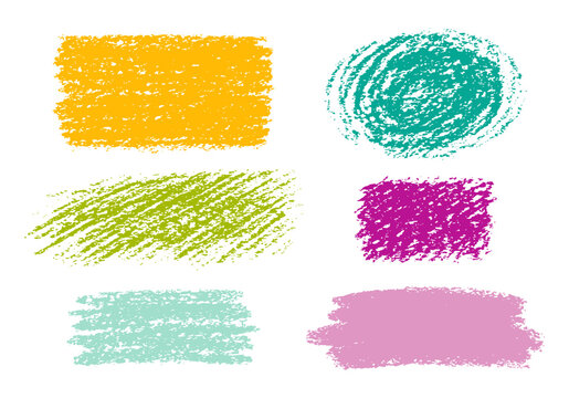 Collection of crayon strokes and shapes in various colors on white on transparent background