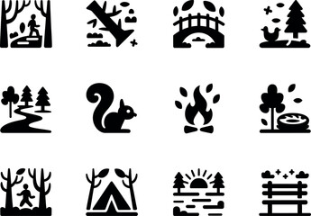 Naklejka premium Serene Nature Icons: Forest, Camping, Hiking, Wildlife, Simple Style