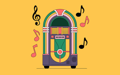 Retro Jukebox with Floating Music Notes in Vintage Style Illustration on Mustard Background for Nostalgic Design and Music Theme