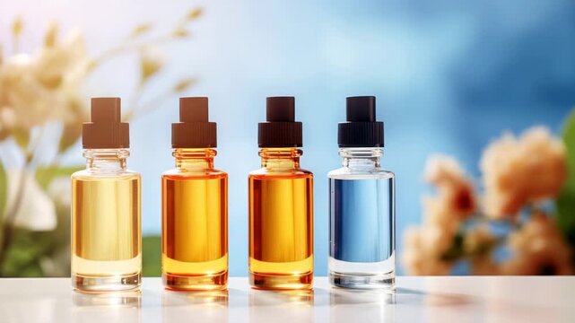Colorful essential oil bottles arranged in a row with blurred natural background