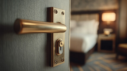 Hotel room door ajar with a key still inserted in the lock, suggesting arrival or departure