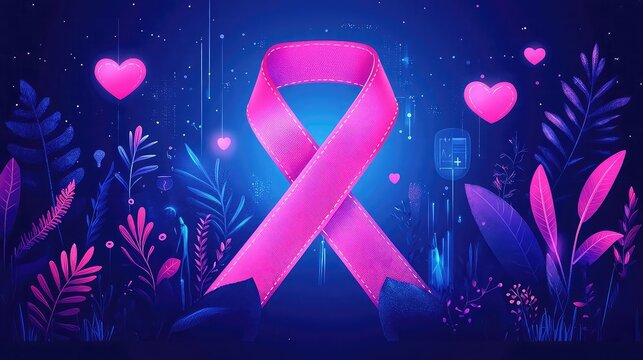 Cancer awareness visuals with symbolic ribbons, patient support groups, medical research, early detection, treatment options, empowering messages, and hopeful healthcare journey scenes