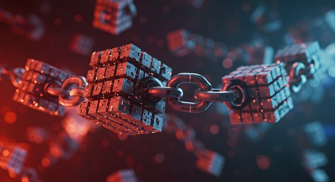 Metallic cubes, etched with numbers, linked by a chain, floating in a dark, vibrant space.