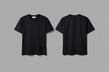 Front and back view of a black tshirt on a gray background for mockup template