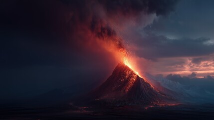 Fototapeta premium Prehistoric Volcanic Cataclysm Cinematic Visualization, Hyperdetailed Magma Core Eruption with Toxic Vortex in Primordial Landscape
