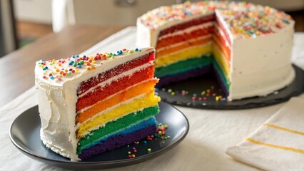 Colorful Rainbow Layer Cake Slice with Sprinkles on Plate – Celebration Dessert