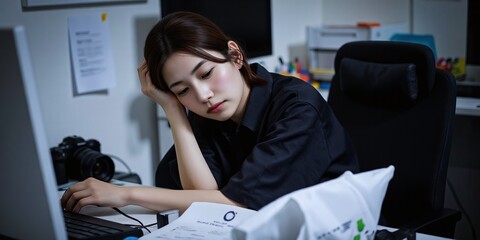 Exhausted office employee resting her head on hand during late work hours at a cluttered desk in a modern workplace environment