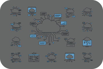 Abstract network diagram illustrating interconnected systems and data flow with stylized icons on a gray background