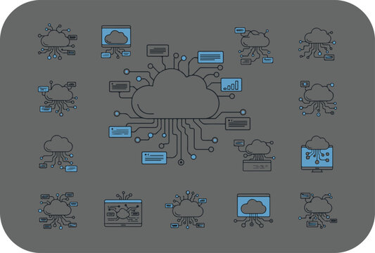 Abstract network diagram illustrating interconnected systems and data flow with stylized icons on a gray background