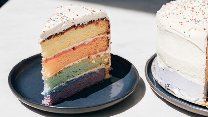 Pastel Rainbow Cake Slice with White Frosting and Sprinkles on Plate – Soft and Elegant Celebration Dessert