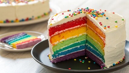 Bright Rainbow Cake with Colorful Layers and White Frosting – Slice on Plate with Sprinkles for Birthday or Celebration