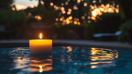 Warm candlelight flickering beside a peaceful pool
