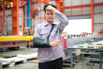 Engineer or worker wearing bandages splint, pain in elbow and ache in arm from hard work in the factory
