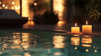 Warm candlelight flickering beside a peaceful pool