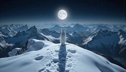 White cat gazing at the full moon atop a snowy mountain peak under a starry sky, symbolizing solitude and mystery in nature