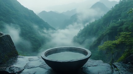 Ancient stone bath nestled in a misty valley