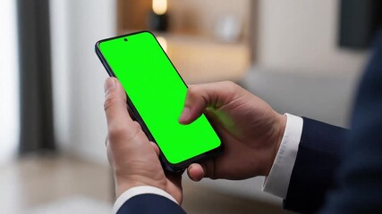 Businessman holding a smartphone with a green screen, swiping through an upscale digital interface in a modern office setting. - Powered by Adobe