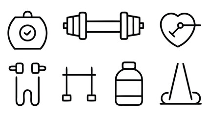 Fototapeta premium “Fitness and Gym Line Icon Set – Editable Thin Stroke Vector Illustrations of Workout, Cardio, and Equipment” fitness, gym, workout, exercise, health, wellness, training, cardio, bodybuilding