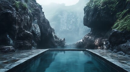 Ancient stone onsen hidden within the misty cliffs