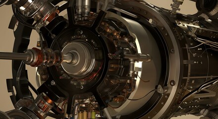Detailed close up of futuristic engine with intricate mechanical components and complex wiring system illustrating advanced engineering design and technological innovation