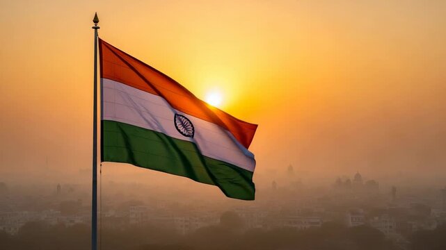 Indian flag waving proudly at sunrise. The Tiranga, the national flag of India, flying against a golden sky over a hazy city.
