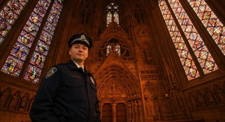 Portrait of a serious male police officer in uniform standing inside a grand historic cathedral. Security and protection in a place of worship with ornate stained glass windows.