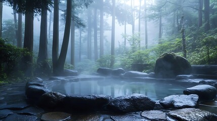 Ancient stone onsen hidden within the misty cliffs