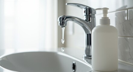 Fototapeta premium Water Dripping from Faucet into Sink with Soap Dispenser in Bathroom