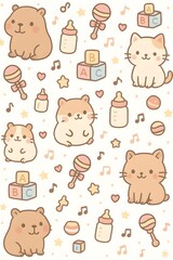 Cute Capybara, Cat, and Hamster – Kawaii Baby Animal Seamless Pattern