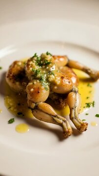 Gourmet Frog Legs with Garlic Parsley Butter Sauce. French cuisine delicacy served on a white plate. Fine dining appetizer.