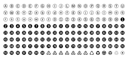 Set of Circular Icons with Letters, Numbers, and Recycling Symbols – Vector Collection for Labeling, Coding, and Design Elements