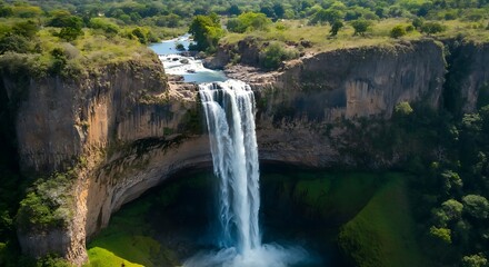 Majestic Waterfall Cascading Down Cliffs in a Tropical Landscape showcasing Natures Beauty and Scenic Wonder with Lush Greenery
