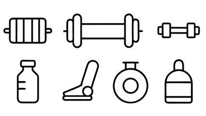 Obraz premium “Fitness and Gym Line Icon Set – Editable Thin Stroke Vector Illustrations of Workout, Cardio, and Equipment” fitness, gym, workout, exercise, health, wellness, training, cardio, bodybuilding