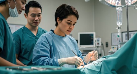 Female surgeon performing surgery in operating room with colleagues. Medical team at work in hospital. Healthcare professionals during a procedure.