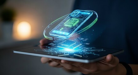 Tech product floating holographically above hand-held tablet