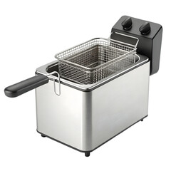 Stainless steel deep fryer with basket and control knobs for home cooking and food preparation isolated on transparent background