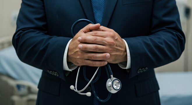 Close up of a male doctor in a business suit holding a stethoscope in a hospital room. Healthcare executive and medical professional concept.