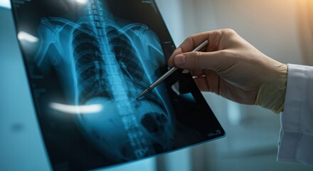 Medical diagnosis concept. A doctor's hand points to a chest xray showing lungs and spine, analyzing the results in a modern clinic.