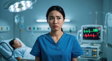 A young Asian female nurse with a worried expression stands in a hospital intensive care unit. A patient and medical equipment are in the background.