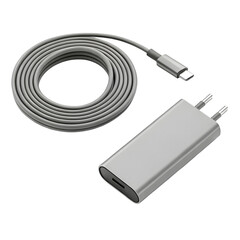 White usb type c charger with spiral cable for mobile phone and other electronic device isolated on transparent background
