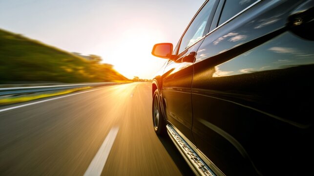 A car speeds down a sunlit highway, capturing the essence of freedom and motion.
